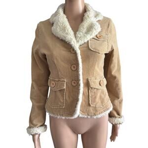 Vintage Y2K Penny Lane Corduroy Faux Fur Trim Fitted Jacket Camel Tan Size S